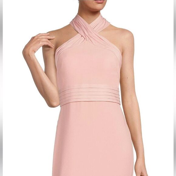 Eliza J
Satin Crisscross Halter Neck Pleated Waist Sheath Gown - Picture 3 of 8